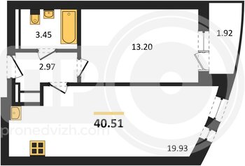 Миниатюра 1-комнатная квартира, 40.51кв.м