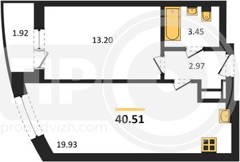 Миниатюра 1-комнатная квартира, 40.51кв.м