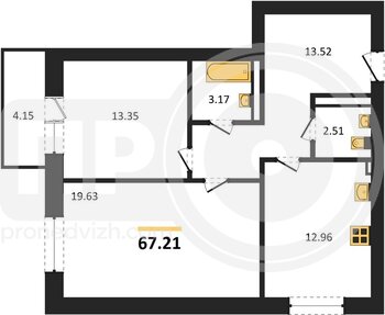 Миниатюра 2-комнатная квартира, 67.21кв.м