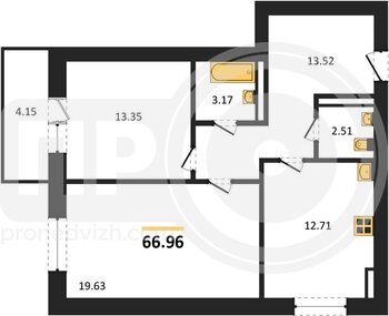 Миниатюра 2-комнатная квартира, 66.96кв.м