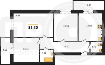 Миниатюра 3-комнатная квартира, 81.3кв.м
