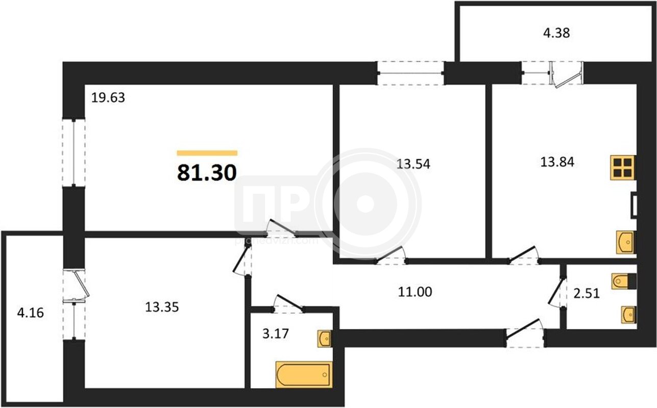 3-комнатная квартира, 81.3кв.м