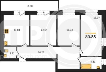 Миниатюра 3-комнатная квартира, 80.85кв.м