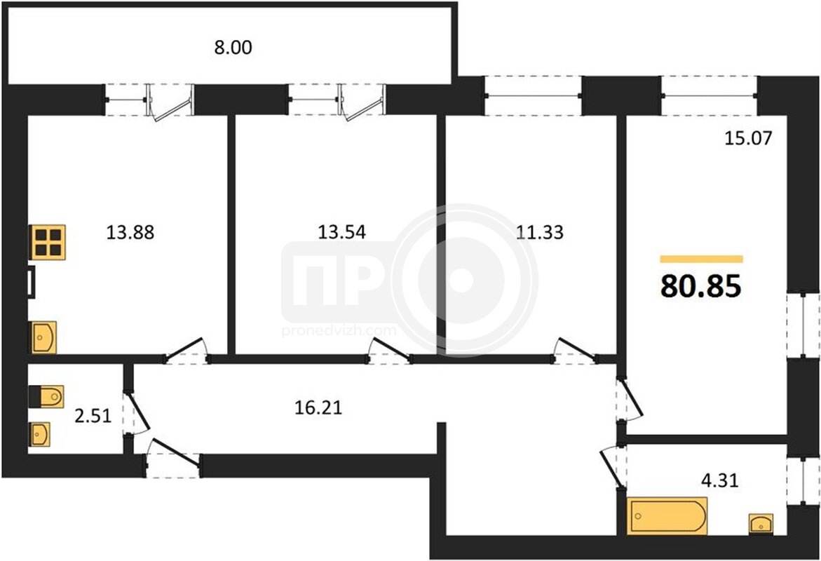 3-комнатная квартира, 80.85кв.м