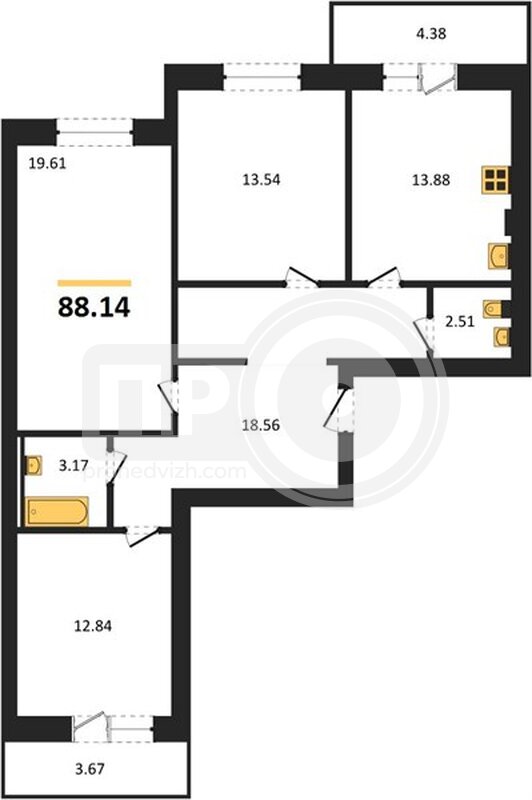 3-комнатная квартира, 88.14кв.м