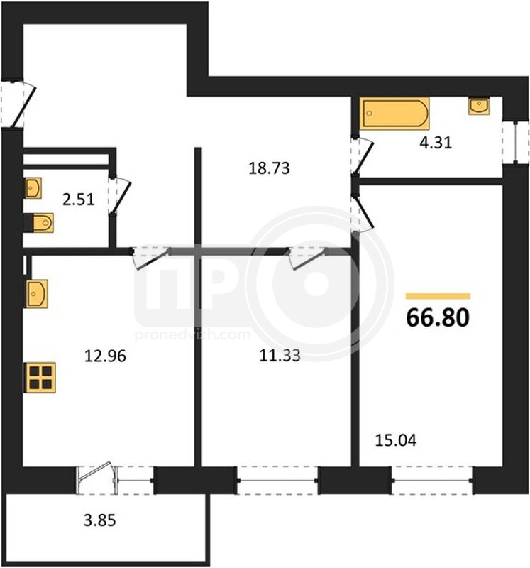 2-комнатная квартира, 66.8кв.м