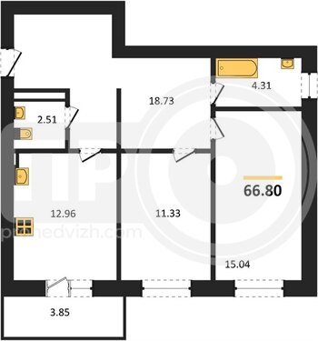 Миниатюра 2-комнатная квартира, 66.8кв.м