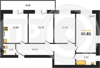 Миниатюра 3-комнатная квартира, 80.81кв.м