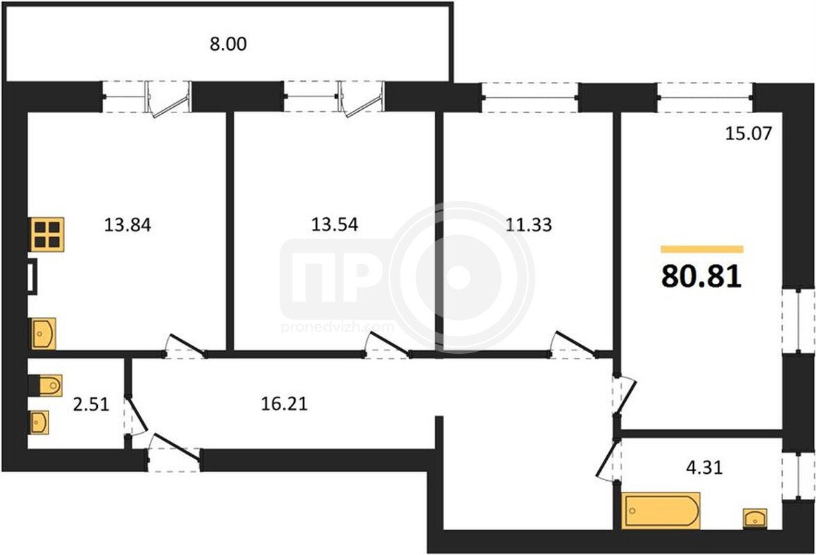 3-комнатная квартира, 80.81кв.м