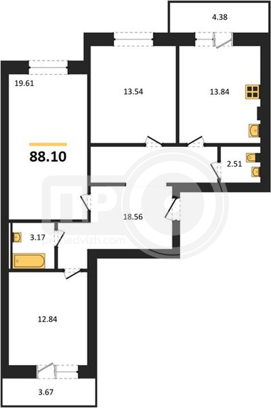 3-комнатная квартира, 88.1кв.м