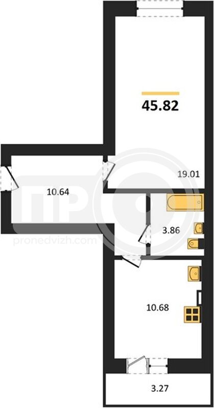 1-комнатная квартира, 45.82кв.м