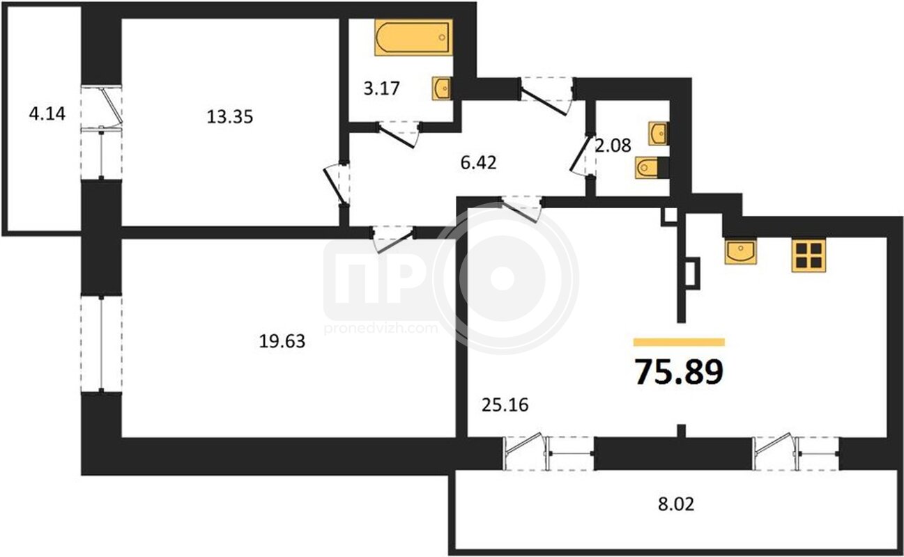 2-комнатная квартира, 75.89кв.м