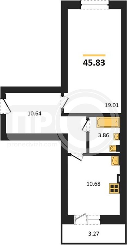 1-комнатная квартира, 45.83кв.м