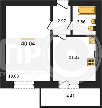 Миниатюра 1-комнатная квартира, 40.04кв.м