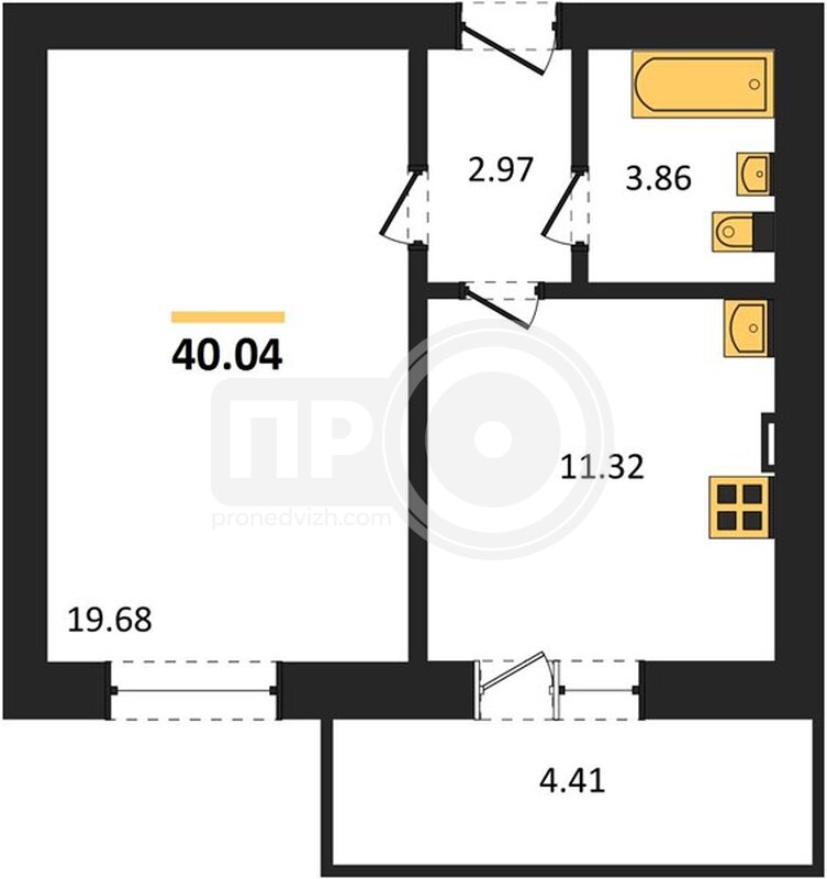 1-комнатная квартира, 40.04кв.м