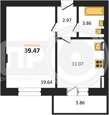Миниатюра 1-комнатная квартира, 39.47кв.м