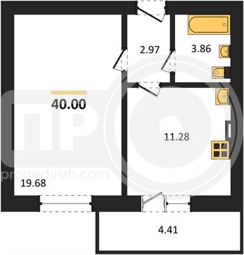 Миниатюра 1-комнатная квартира, 40кв.м