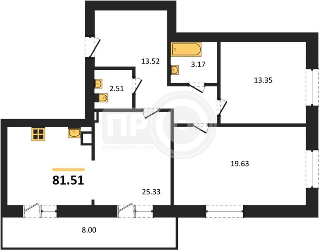 2-комнатная квартира, 81.51кв.м