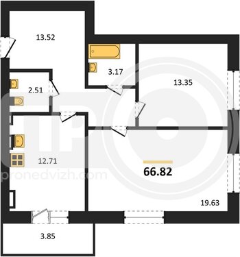 Миниатюра 2-комнатная квартира, 66.82кв.м