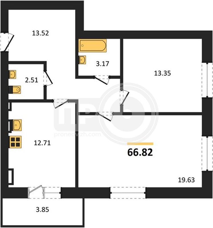 2-комнатная квартира, 66.82кв.м