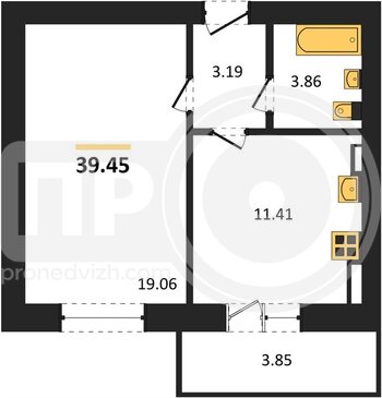 Миниатюра 1-комнатная квартира, 39.45кв.м