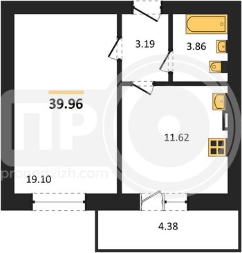 Миниатюра 1-комнатная квартира, 39.96кв.м