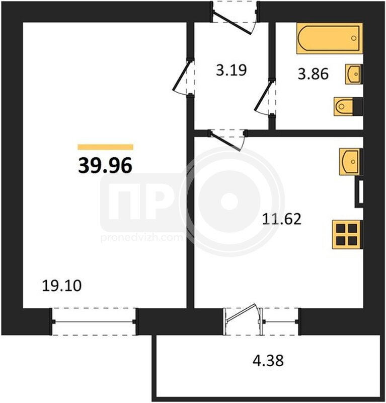 1-комнатная квартира, 39.96кв.м