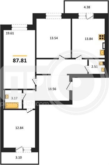 Миниатюра 3-комнатная квартира, 87.81кв.м