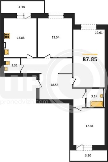 Миниатюра 3-комнатная квартира, 87.85кв.м