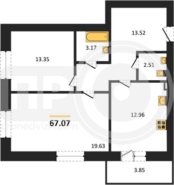 Миниатюра 2-комнатная квартира, 67.07кв.м