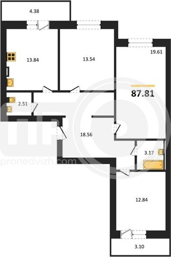 Миниатюра 3-комнатная квартира, 87.81кв.м