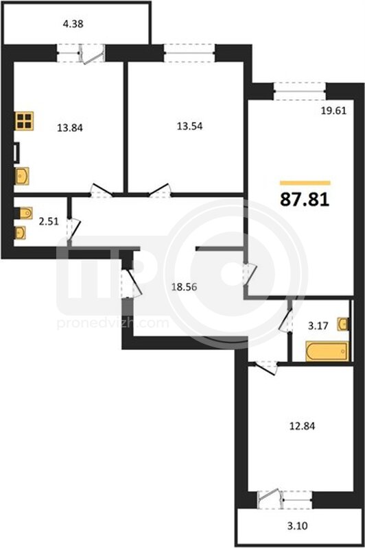 3-комнатная квартира, 87.81кв.м