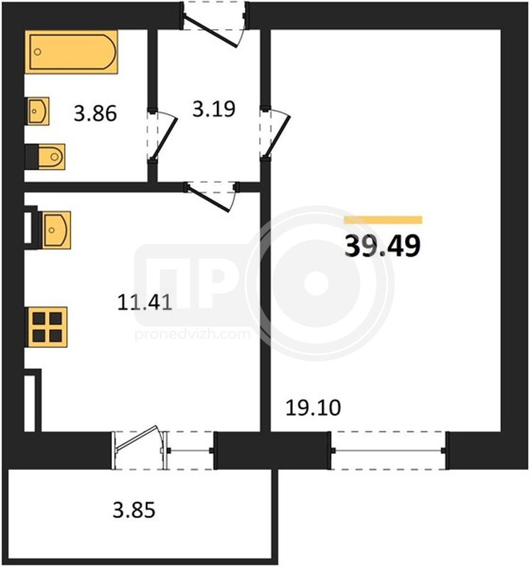 1-комнатная квартира, 39.49кв.м