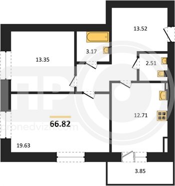 Миниатюра 2-комнатная квартира, 66.82кв.м