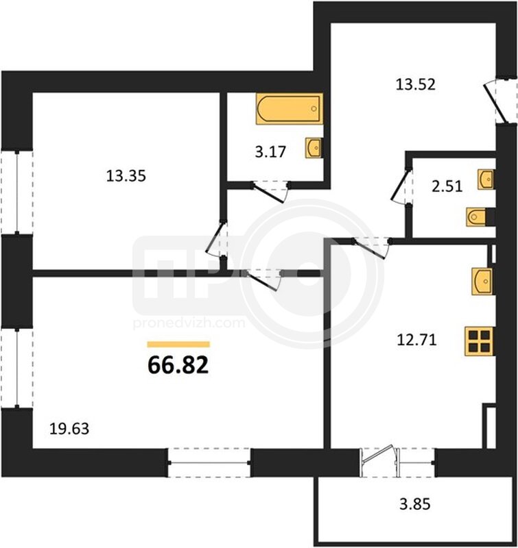 2-комнатная квартира, 66.82кв.м