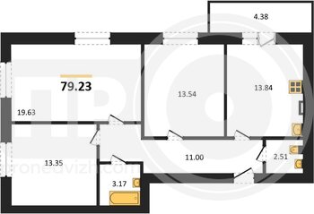 Миниатюра 3-комнатная квартира, 79.23кв.м