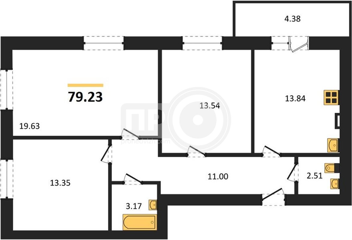 3-комнатная квартира, 79.23кв.м
