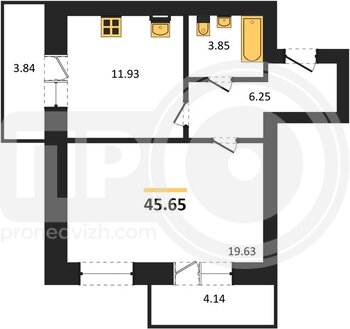 Миниатюра 1-комнатная квартира, 45.65кв.м