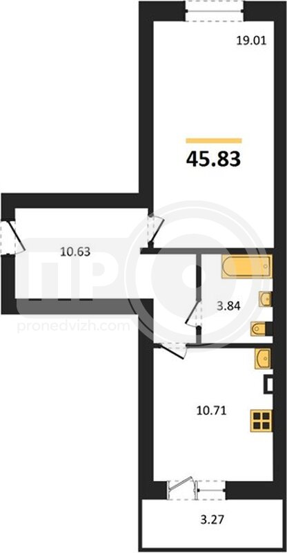 1-комнатная квартира, 45.83кв.м