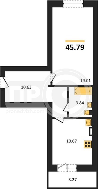 1-комнатная квартира, 45.79кв.м