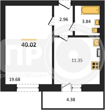 Миниатюра 1-комнатная квартира, 40.02кв.м