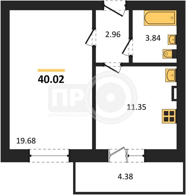 1-комнатная квартира, 40.02кв.м