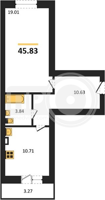 1-комнатная квартира, 45.83кв.м