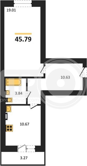 Миниатюра 1-комнатная квартира, 45.79кв.м