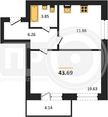 Миниатюра 1-комнатная квартира, 43.69кв.м
