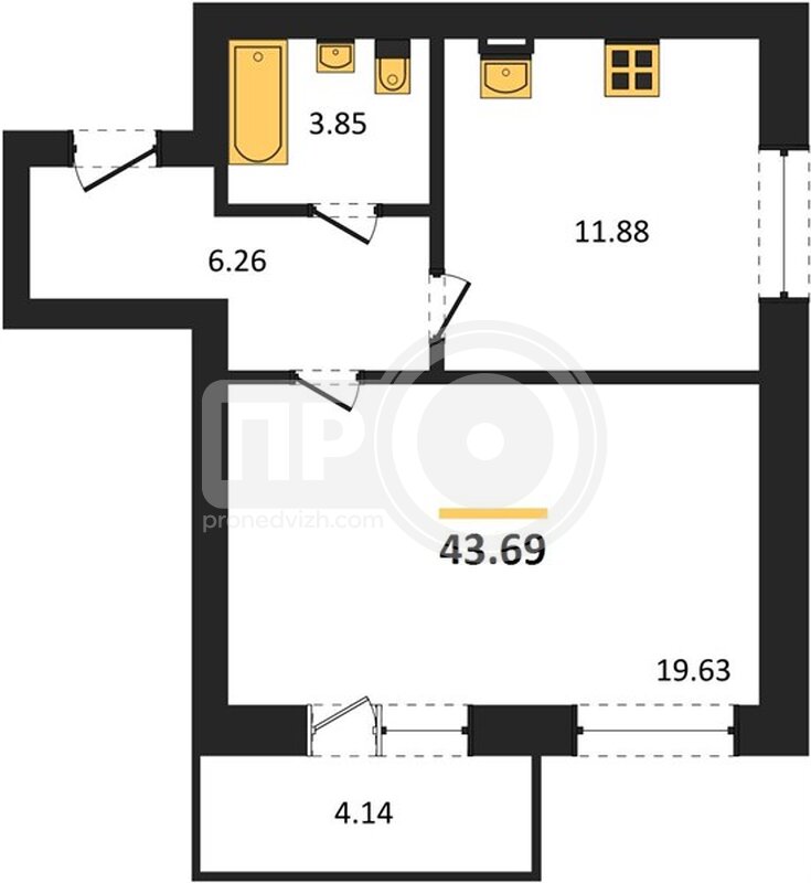 1-комнатная квартира, 43.69кв.м