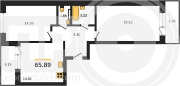 Миниатюра 2-комнатная квартира, 65.89кв.м