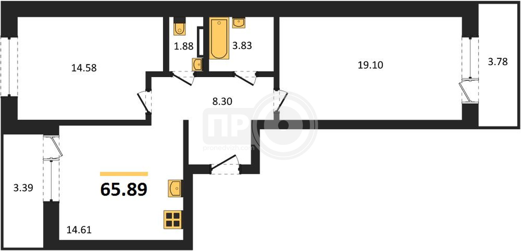 2-комнатная квартира, 65.89кв.м