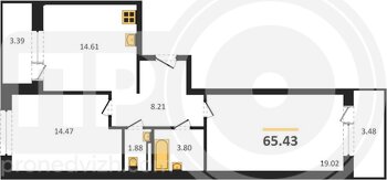 Миниатюра 2-комнатная квартира, 65.43кв.м