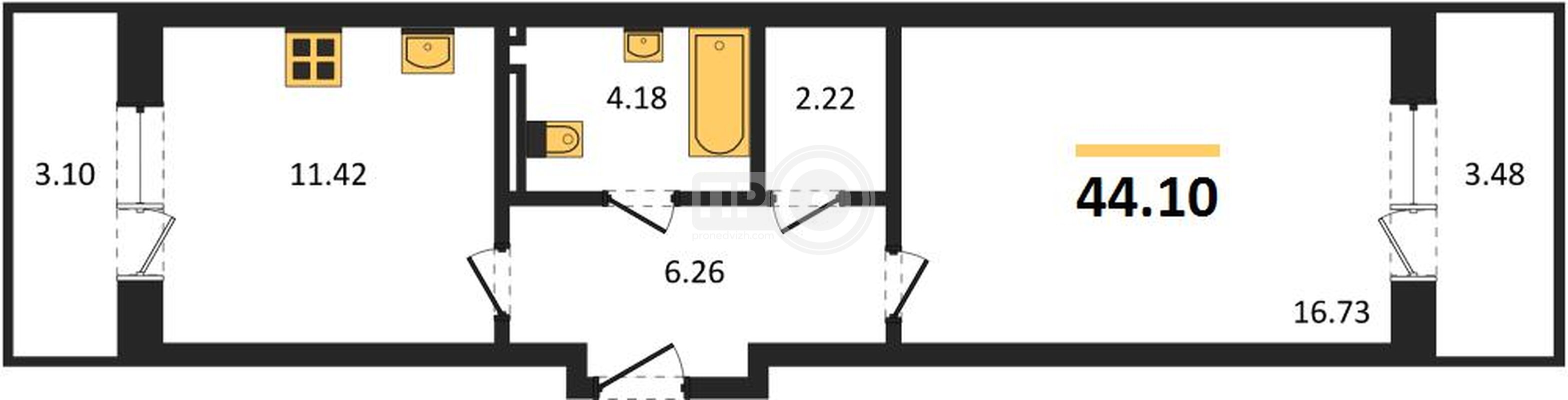 1-комнатная квартира, 44.1кв.м